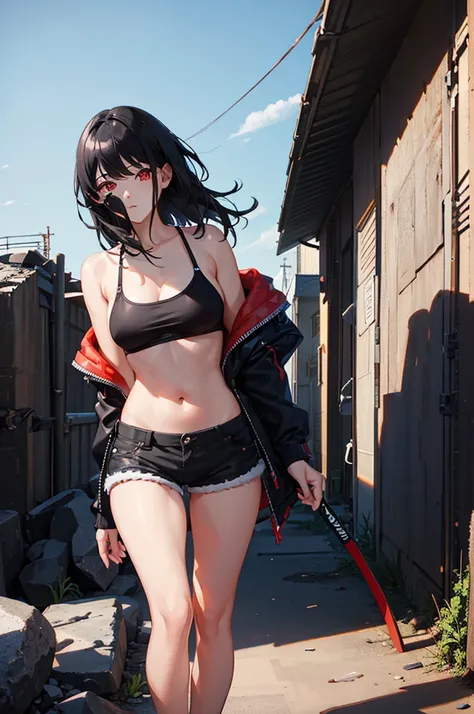 1woman, black hair, red eyes, bikini top, shorts, standing on ground, high res, ultra sharp, 8K, masterpiece