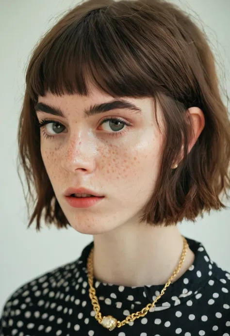 a close up of a woman wearing a necklace and a shirt, french bob, high quality portrait, french bob hair, soft freckles, beautif...