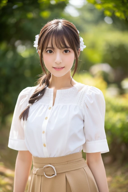 Masterpiece, high quality, high resolution, 8K, ((Skinny Japanese woman in a costume which consists of a short-sleeved white shirt and a light-brown long skirt)), beautiful face, natural makeup, detailed face, detailed eyes, a photo that feels endearing