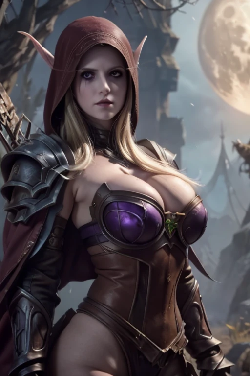 (Laura Marano) as Sylvanas Windrunner wearing intricate dark armor with purple accents, (micro bikini armor), cape, undead shoulder pads, shoulder armor, elf ears,(big breasts:1.2, huge cleavage:1.2), (hourglass shaped body),(big booty),holding a bow as sh...