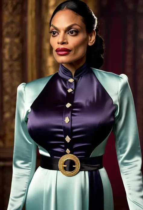 (angry  evil rosario dawson sad and angry with flared nostrils and furrowed brows:1.4), (wearing a closed satin skintight silk buttoned Victorian abaya with extremely tight satin belt:1.6), tight hairbun, silk gloves, neck defined, waist defined