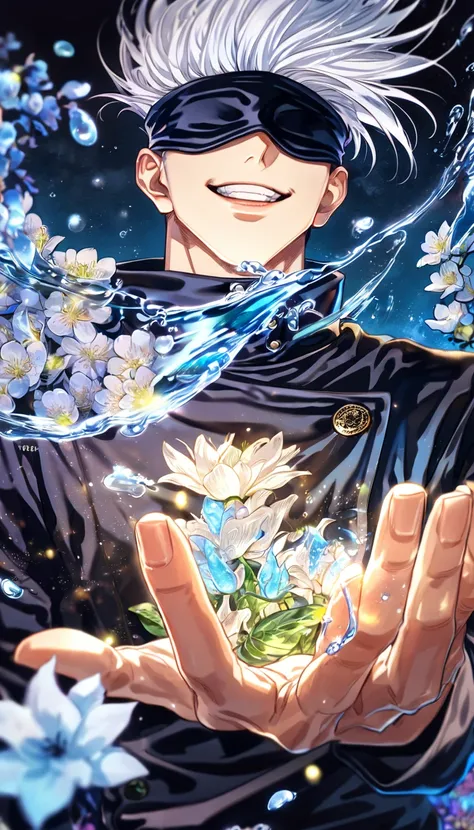 absurdres, highres, ultra detailed, HDR, master piece, Gojou Satoru, white hair, blindfolded eyes, black shirt, Jujutsu Kaisen, man, handsome, best quality, blue moon, flowers, fantasy, magical, solo, water, blue shining fireflies, blue petals, Jujutsu Kai...