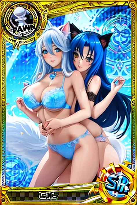 trading card of (masterpiece), close to viewer, good anatomy, ((multiple girls, beautiful mature female, beautiful large breasts, hugs, blush, heterochromia, cat eyes, blue rose hair accessories, fox ears, shiny skin)), ((streaked hair), long hair, (lace b...