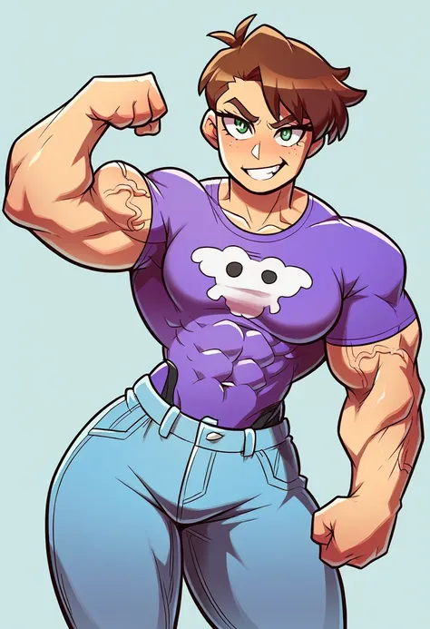 muscle girl with high cheekbones and a strong jawlineflexing muscles wearing purple muscle shirt and light blue jeans, her hair ...