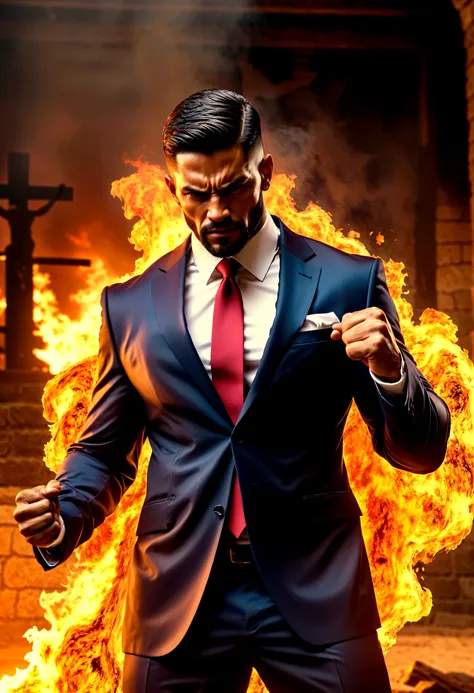 Create an image with a muscular maromba pastor in a suit tearing up with so much muscle the pastor has a face with an angry expression he is in a pose of exposure with a crucifix in his hand expelling demons with a background of fire the desperate devil fu...