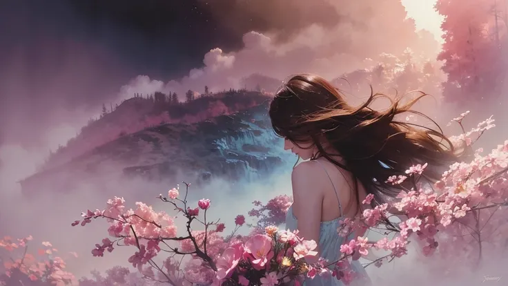 32k, Masterpiece, Highest quality, One girl, Brown Hair, Detailed eyes, flower,sweet pea, Pink and yellow style,A dreamy, romantic piece,Pale pink, Mysterious Leaves,A playful arrangement,Fantasy,High Contrast,Ink strokes,explosion,Exposure, Impression of ...