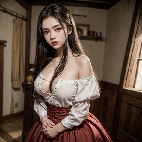 17 year old girl, long dark hair, clear skin, big brown eyes, slim appearance and big chest, Red lips, wears a medieval peasant dress