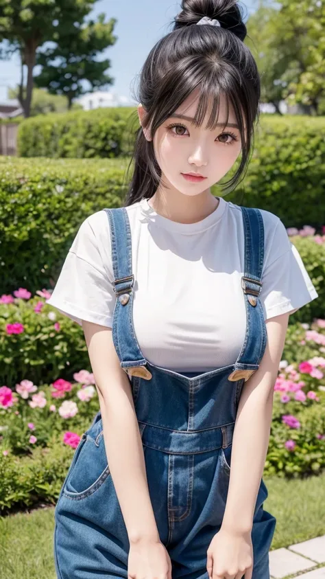 Highest quality、Highest quality、High resolution、8K、masterpiece、Young Japanese woman、One woman、Black Hair、High ponytail、Slightly larger breasts、Blurred Background、Sexy look、Big eyes、garden、Date、Oblique angle、Overalls、Daytime、sunlight、Beauty