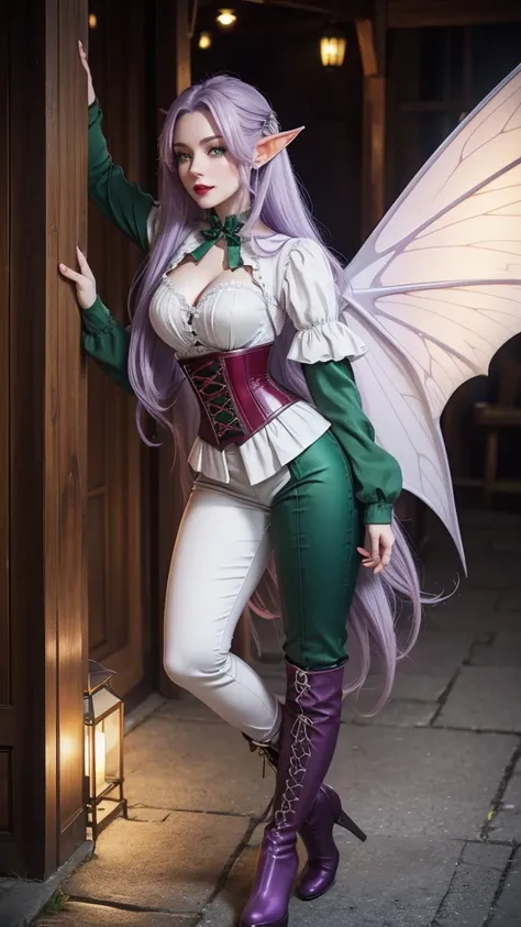 Irish woman, anime, modest, beautiful, high quality, night, 8k, long waist length light pale purple hair, green eyes, red lips, eyelashes, 1700 century pants, corset, white blouse, boots, elf ears, large fairy wings