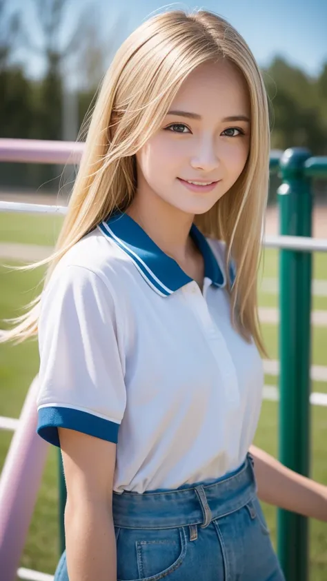 Highest quality,masterpiece:1.3,Ultra-high resolution),(Very detailed,Caustics,8K),(Realistic:1.4,RAW shooting),Wearing a high school jersey、American Girl,smile,18-year-old,Blonde Hair Color、American eyes、Semi-long haircut,Looking into the camera,School pl...