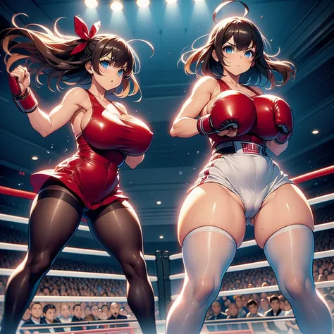 NSFW , Big and smalls , Fullbody shot , Wear racing Bloomer with pantyhose , Female boxing , huge breasts.