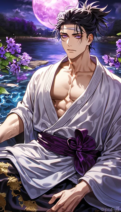 absurdres, highres, ultra detailed, HDR, masterpiece, best quality, Choso, black hair, expressive purple eyes, Jujutsu Kaisen, solo, sexy man, handsome, white and black robes, fantasy, water, purple moon, purple blossoms, purple flowers, fantasy