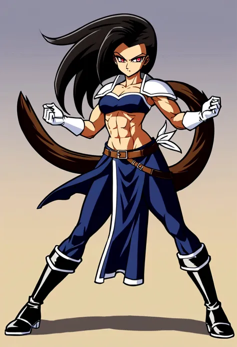 Create a Saiyan woman with long straight dark hair, she has red pupils, and armor that leaves his muscular belly showing, she has medium breasts, and dark blue pants cover his slightly muscular thighs, her boots are white and she has white gloves too, make...