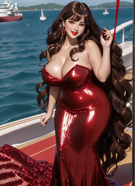 Jessica Rabbit, 27 years old, full body view Beautiful woman (((long wavy brunette hair, two side up with bangs))) defined body, voluptuous, sexy, Red lipstick, hands free, mouth slightly open, smiling, standing facing camera, ((( sparkling sequined strapl...