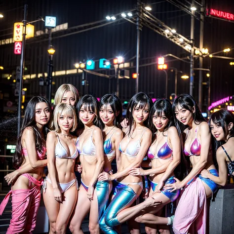 ((ExtremelyDetailed (PUNIPUNI KAWAII 12 Girls in a row:1.37) Shibuya Hachiko-mae scramble crossing)), (masterpiece 8K TopQuality:1.2) (ProfessionalPhoto:1.37), Different types of hair colors, {(White(skinny school swimwear))|SchoolUniform|Tutu}, {Hidden Ha...