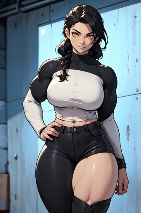 girl ((((muscular 1girl)))) ((((thick thighs toned body)))) (pale skin) black hair yellow eyes very long hair long sleeve tight t-shirt tight pants (french braid) massive breasts