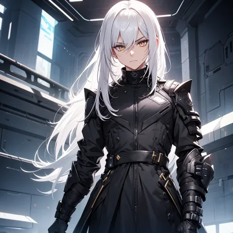 male character. black clothes. White hair. golden eyes. is in a futuristic setting.