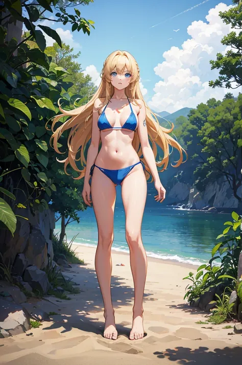 1woman, long hair, blonde hair, blue eyes, blue bikini, standing on ground, high res, ultra sharp, 8K, masterpiece