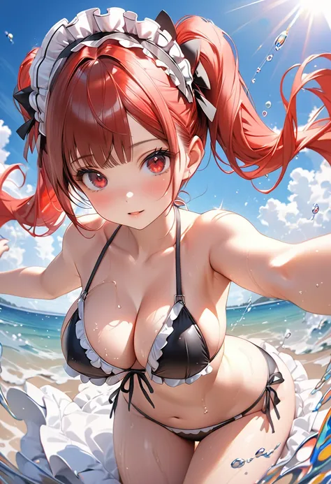 beautiful young girl in a cute maid-style bikini swimsuit,A cute and pop Colorful maid style bikini, short red twin-tails, cute red eyes, voluptuous figure, dynamically spraying seawater at the viewer with both hands, private beach with strong summer sunli...