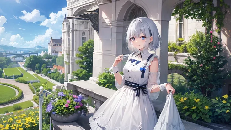 Ultra HD,Look at the viewers, Put your hands behind your back, With a girl, 20-year-old, 非常にShort Hair, Long bangs between the eyes, Pale blue eyes, hoodie, skirt , Very detailed,(masterpiece、Highest quality),Gray Hair、Laughter、Fantastic, Silver Hair, Iris...