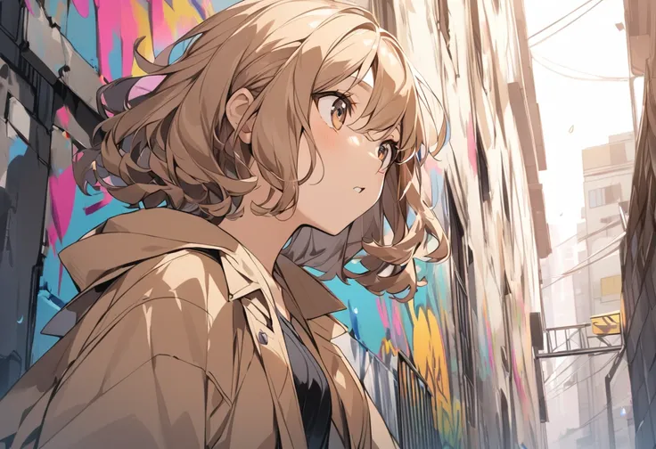  A girl with brown, wavy bob hair wearing a dark beige coat looks up at graffiti on a building。