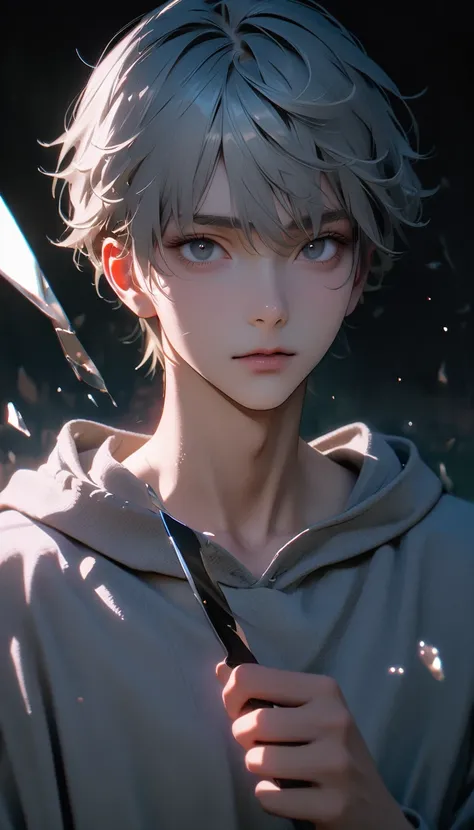 (8K, RAW photos, best quality, masterpiece: 1.4), (((The boy stands in absolute darkness)))，Ultra-high resolution, Extremely detailed,Upper body close-up, handsome boy, black eyes, (delicate eyes, Eyes are bright:1.2), Gray short hair, Fair skin,dark, Grey...