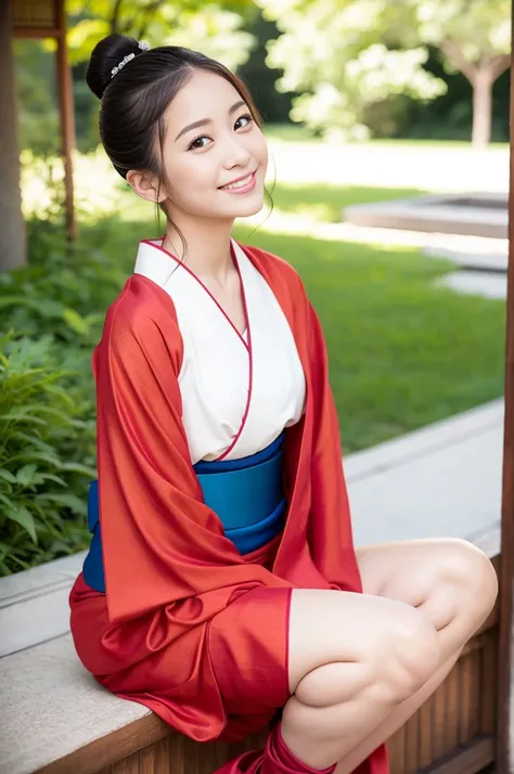 Pure Japanese kimono girl, natural body, beautiful legs, wearing traditional kimono, natural hair styles, sweet smile, sitting relaxed mood, sweet temptation, refreshing in early summer, professional portrait photography, 