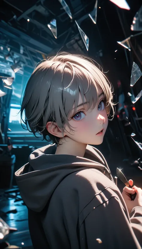 (8K, RAW photos, best quality, masterpiece: 1.4), (((The boy stands in absolute darkness)))，Ultra-high resolution, Extremely detailed,Upper body close-up, handsome boy, black eyes, (delicate eyes, Eyes are bright:1.2), Gray short hair, Fair skin,dark, Grey...