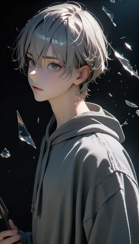 (8K, RAW photos, best quality, masterpiece: 1.4), (((The boy stands in absolute darkness)))，Ultra-high resolution, Extremely detailed,Upper body close-up, handsome boy, black eyes, (delicate eyes, Eyes are bright:1.2), Gray short hair, Fair skin,dark, Grey...