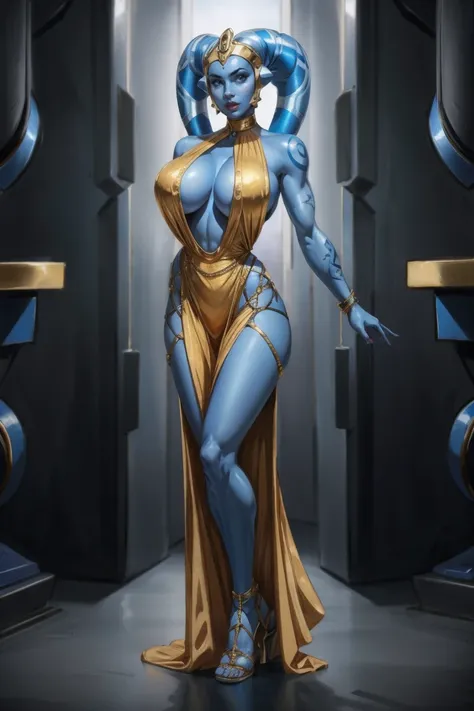 tall blue skin twi'lek with (huge breasts) wearing a tight short gold cocktail dress, short dress, halter top, sleeveless, (keyh...