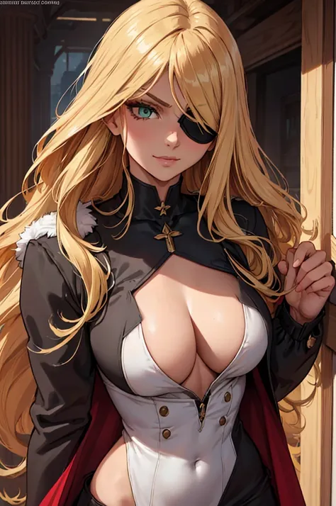 ((masterpiece)), ((best quality)), 1girl, adult, long hair, ((blonde hair)), very long blonde hair, ((intimidant look)), ((close-up)), profile image, green eyes, black and red clothes, sexy, dark colors, brillant eyes, ((coat with fur)), ((wavy hair)), exp...