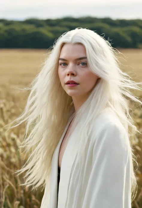 blond woman with long white hair standing in a field, girl with white hair, Anya Taylor - Joy, Anya Taylor-Joy, with long white hair, perfect white hair girl, Anya Taylor Joy, flowing white hair, long white hair, long flowing white hair, intense white hair...