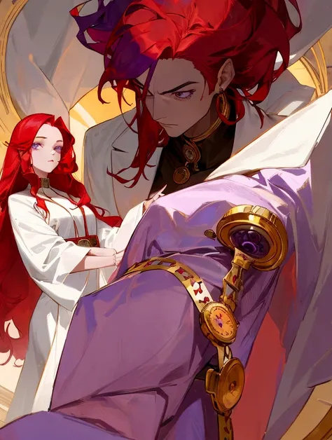 full-length, two heads, the head of a man with red hair, the head of a woman with purple hair, a white robe, a dial in the pupils, the body is hung with a watch, in the hands of a gold watch