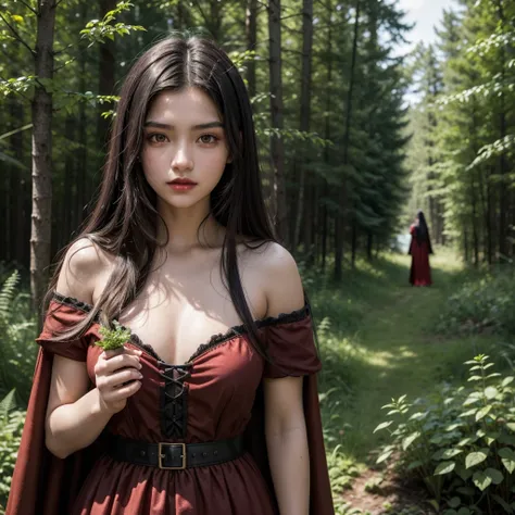 17 year old girl, long dark black hair, clear skin, big brown eyes, slim appearance and big chest, Red lips, She wears a medieval peasant dress with a cape and is collecting plants in the forest.