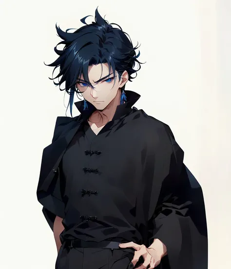 Close-up of a man wearing a black shirt and black pants, A man wearing a dark blue cloak，a man with rather sharp hair，A man with gentle eyes，Anime handsome man, Tall anime man with blue eyes, Inspired by Ryusei Kishida, Kazuma Kaneko, kakyoin, Shikano Mako...