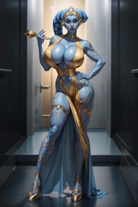 Tall Blue Skin Twilek with (huge breasts) wearing a tight short gold cocktail dress, short dress, high neck, sleeveless, (keyhole cleavage), tattoos, large natural breasts, cleavage, long legs, toned, slim hips, small waist, full-body shot