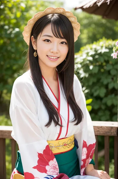 Pure Japanese kimono girl, wearing traditional kimono, natural hair styles, sweet smile, sitting relaxed mood, sweet temptation, refreshing in early summer, professional portrait photography, 