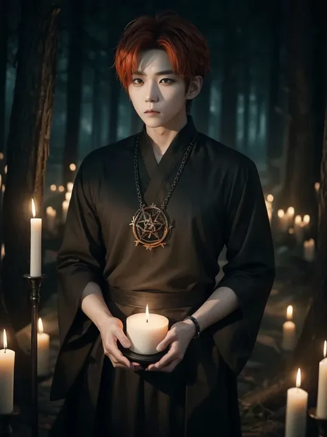 Hyunjun hur actor and kpop idol more realism in hair and clothing hair orange, Generate an image of a Korean Kpop idol with bright orange hair, dressed in a black shirt and a tunic of the same color, surrounded by dark witches and warlocks in a coven. The ...