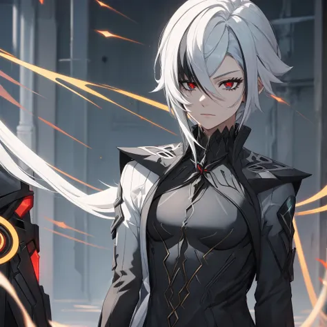 male character. black clothes. White hair. golden eyes. is in a futuristic setting.