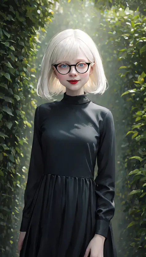 ((Ultra-realistic illustrations:1.3)),(Black clothes), Cute 14 years old (albino:1.4), Cute Woman.(short:1.1), , Long white hair, Grey Eyes, ((Very pale:1.4)). Innocent look. kind.(virgin), (joy:1.2),(smile:1.3). (Playful:1.2). mascara, Glasses, Red lipsti...