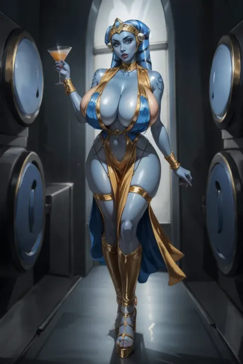 Tall Blue Skin Twilek with (huge breasts) wearing a tight short gold cocktail dress, short dress, high neck, sleeveless, (keyhole cleavage), tattoos, large natural breasts, cleavage, long legs, toned, slim hips, small waist, full-body shot