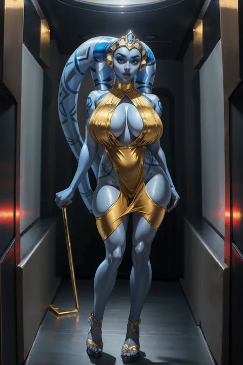 Tall Blue Skin Twilek with (huge breasts) wearing a tight short gold cocktail dress, short dress, high neck, sleeveless, (keyhole cleavage), tattoos, large natural breasts, cleavage, long legs, toned, slim hips, small waist, full-body shot