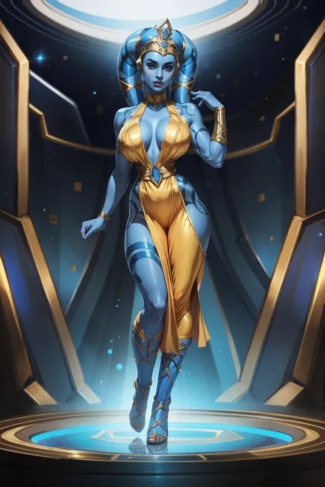 Playful Blue Skin Twilek with (huge breasts) wearing a tight short gold cocktail dress, short dress, high neck, sleeveless, (keyhole cleavage), tattoos, large natural breasts, cleavage, long legs, toned, slim hips, small waist, full-body shot