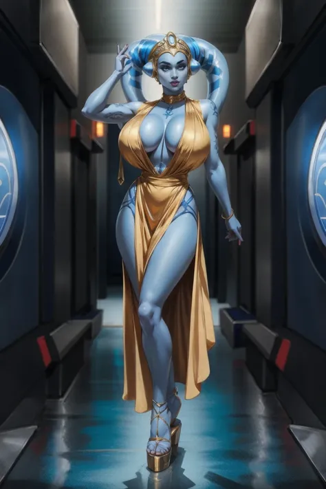 Playful Blue Skin Twilek with (huge breasts) wearing a tight short gold cocktail dress, short dress, high neck, sleeveless, (keyhole cleavage), tattoos, large natural breasts, cleavage, long legs, toned, slim hips, small waist, full-body shot