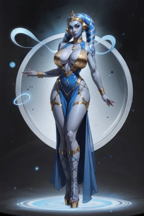 Playful Blue Skin Twilek with (huge breasts) wearing a tight short gold cocktail dress, short dress, high neck, sleeveless, (keyhole cleavage), tattoos, huge natural breasts, cleavage, long legs, toned, slim hips, small waist, full-body shot