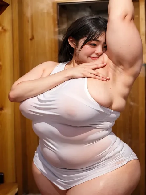 Side pussy、Thick arms、((Broad shoulders:1,3)),(( Sweaty:1.3))、((steam:1.3))、Chubby、Japanese Goddess、((profile))、