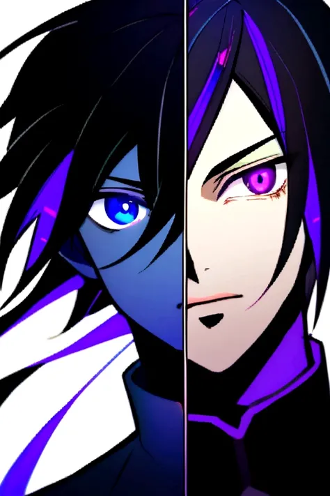 A animie boy with Black hair. His eyes are practically covered with his hair. His eyes are two diffrent colors, one blue, one purple.