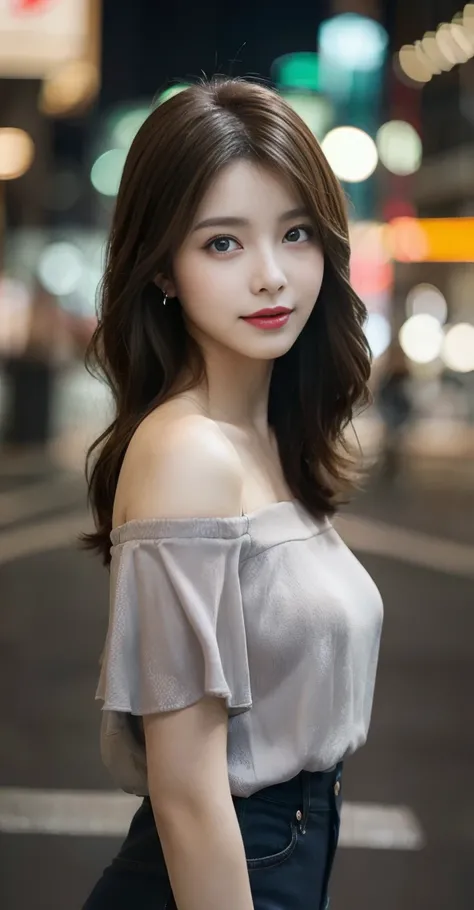 fullbody shot, a cowboy shot medium brown hair woman, stand in city with blur background. wear an off-shoulder grey blouse, left shoulder slightly dropped. soft, confident expression.