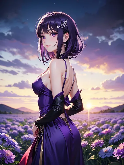 art by Cornflower,(​master piece),(top-quality:1.2),(8k anime),(perfect anatomy),((arms behind back)),1 girl,beautiful detailed purple eyes,wearing purple dress,(Beautiful silky purple hair:1.2),black flower hairpin,(girl standing in purple flower field),s...