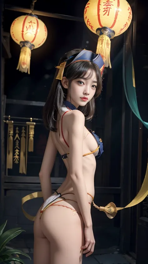 (Highest quality, 8K, masterpiece:1.2), Reality:1.4, One girl,alone, Black Hair, Slender body, Small and slender figure, Small beautiful butt:1.3, Thin thighs:1.2, Have, Light_smile, (Beautiful breasts, Underboob, Amulet on the chest), Detailed talisman, C...